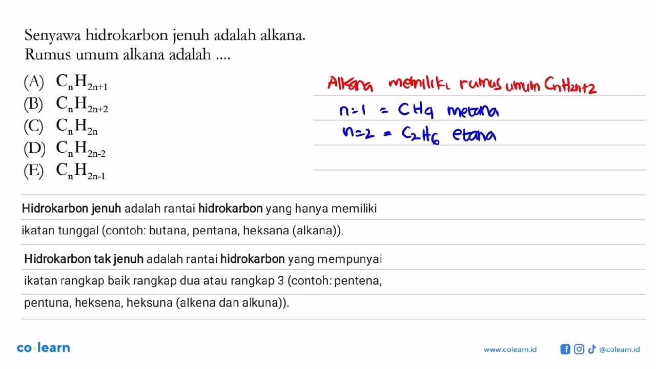 Senyawa hidrokarbon jenuh adalah alkana. Rumus umum alkana