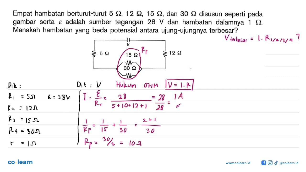 Empat hambatan berturut-turut 5 ohm, 12 ohm, 15 ohm, dan 30