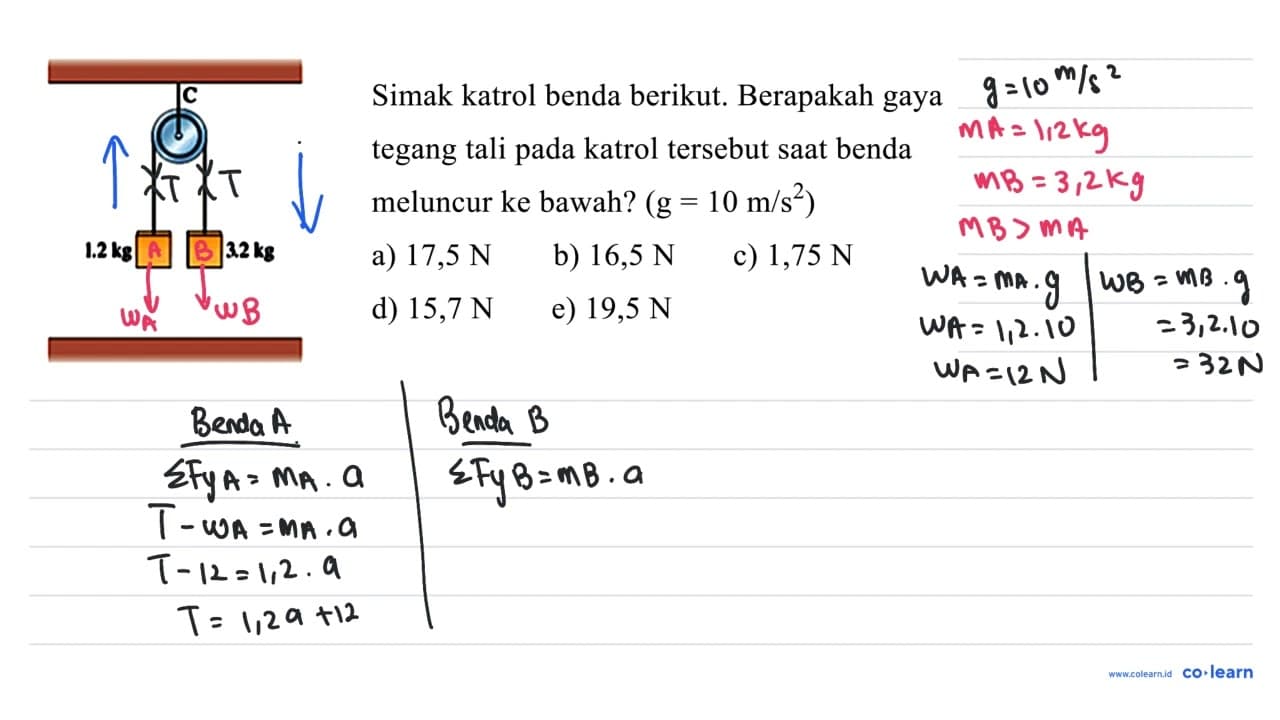 Simak katrol benda berikut. Berapakah gaya tegang tali pada