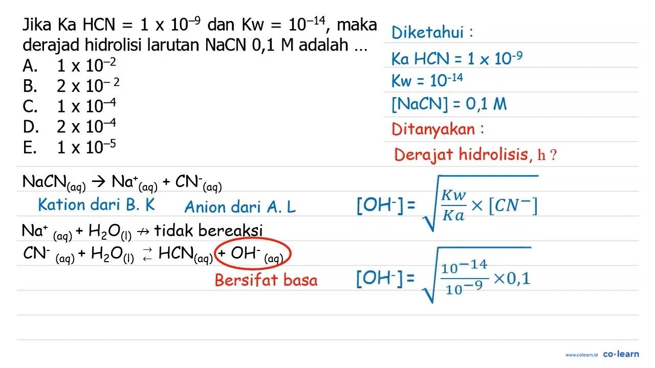 Jika Ka HCN =1 x 10^-9 dan Kw =10^-14, maka derajad