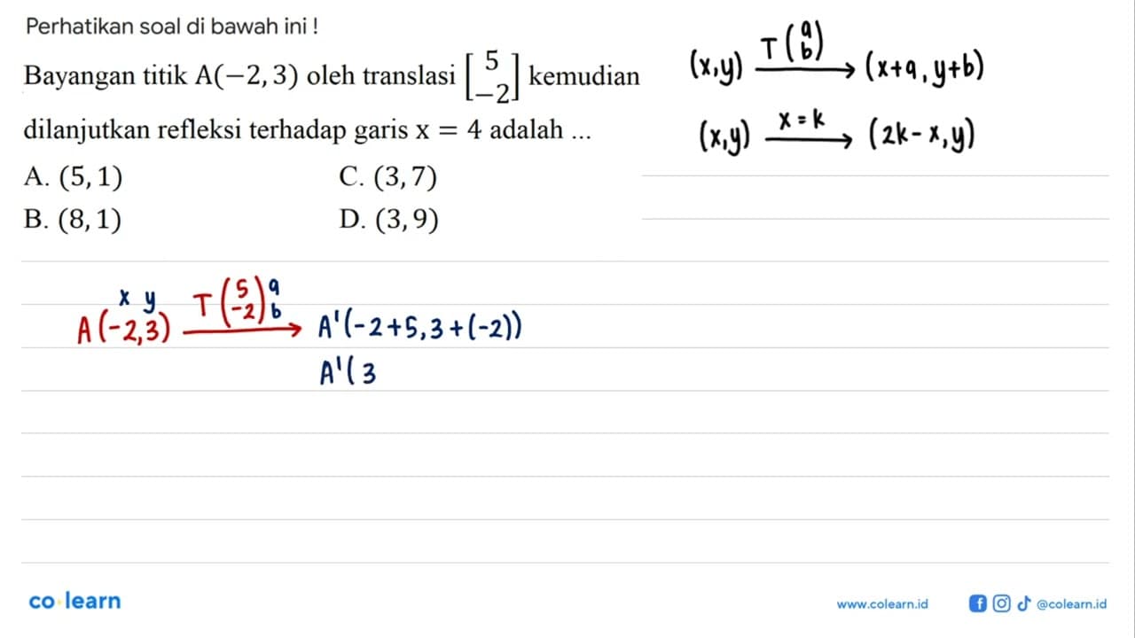 Perhatikan soal di bawah ini! Bayangan titik A(-2, 3) oleh