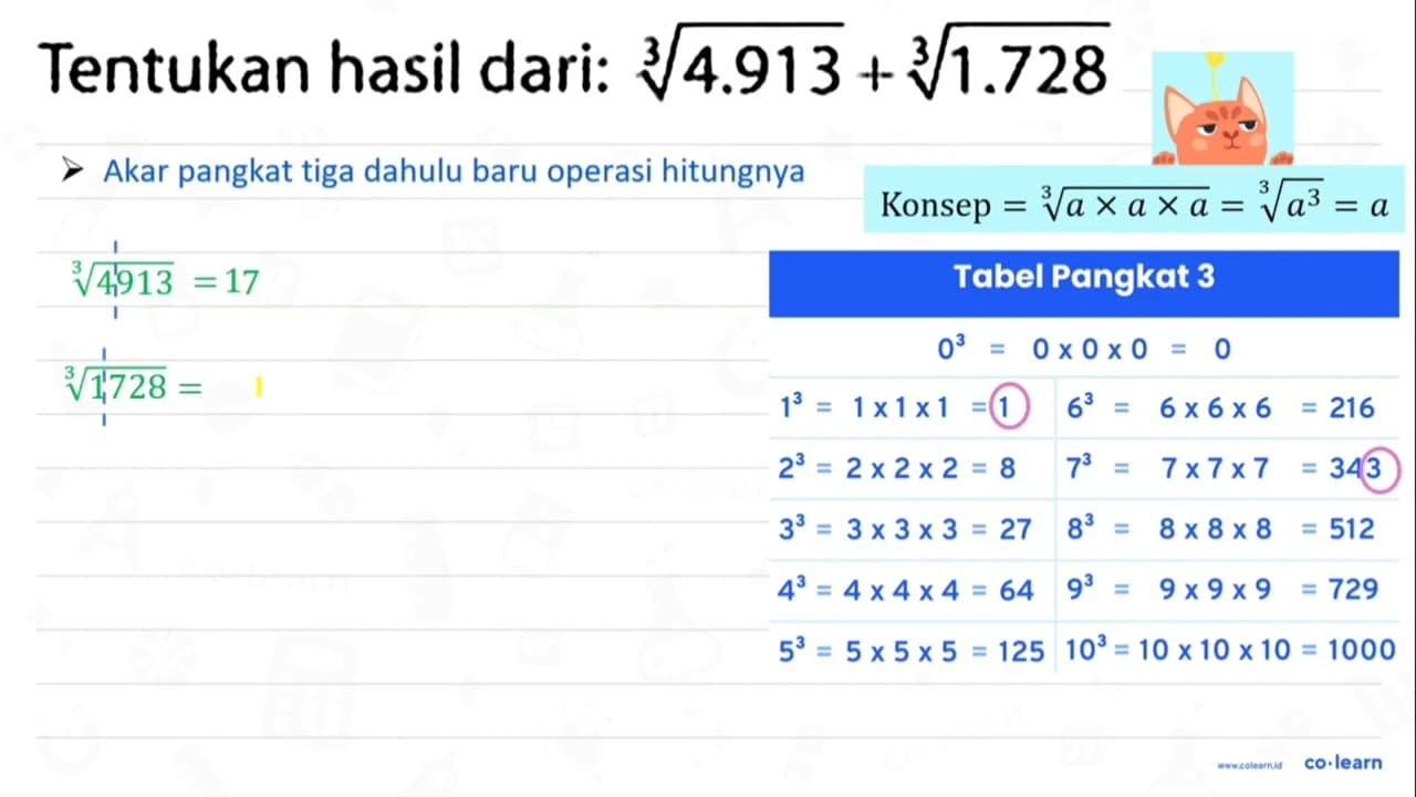 Tentukan hasil dari: akar pangkat 3 dari (4.913)+akar