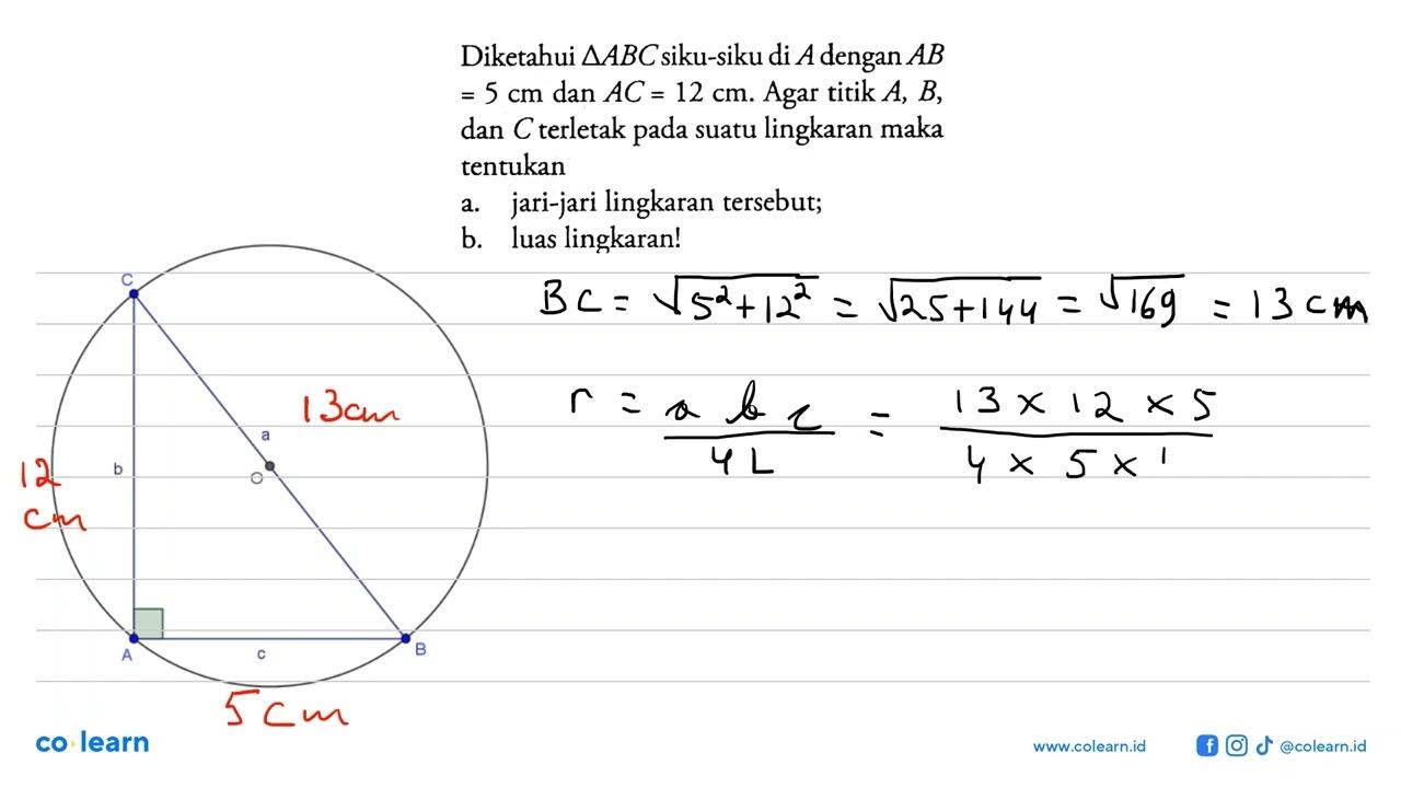 Diketahui segitiga ABC siku-siku di A dengan AB=5 cm dan