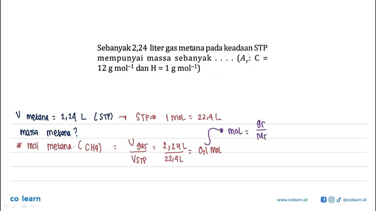 Sebanyak 2,24 liter gas metana pada keadaan STP mempunyai