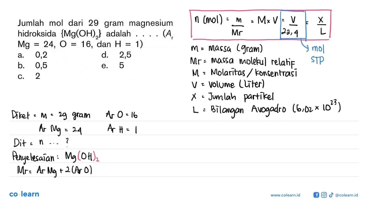 Jumlah mol dari 29 gram magnesium hidroksida {Mg(OH)2}