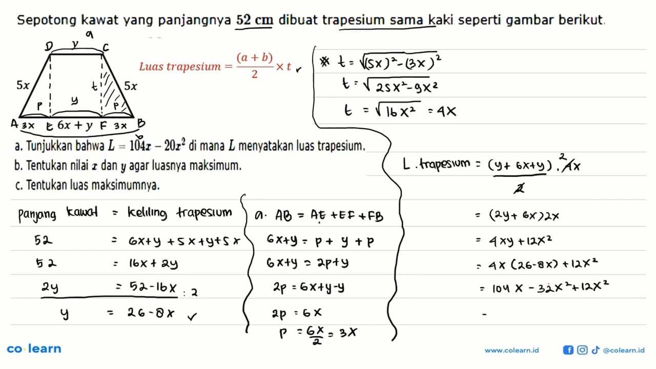 Sepotong kawat yang panjangnya 52 cm dibuat trapesium sama