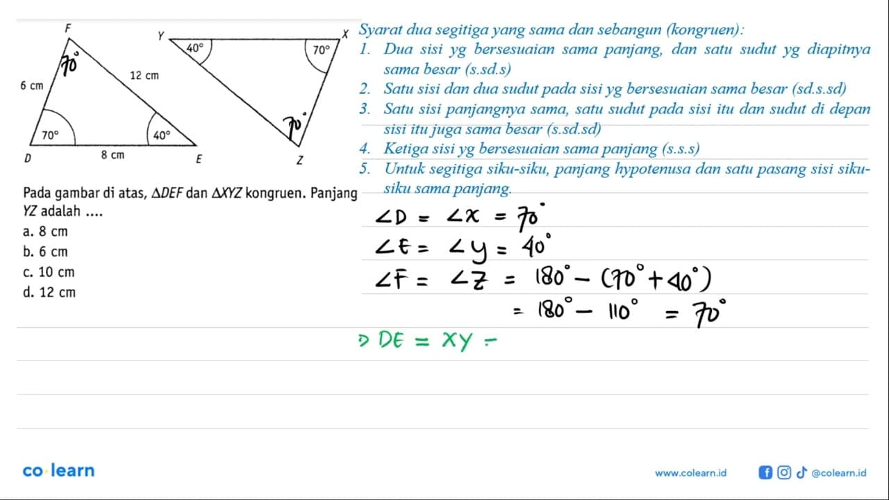 F 6cm 12cm 70 40 D 8cm E Y 40 70 X Z. Pada gambar di atas,