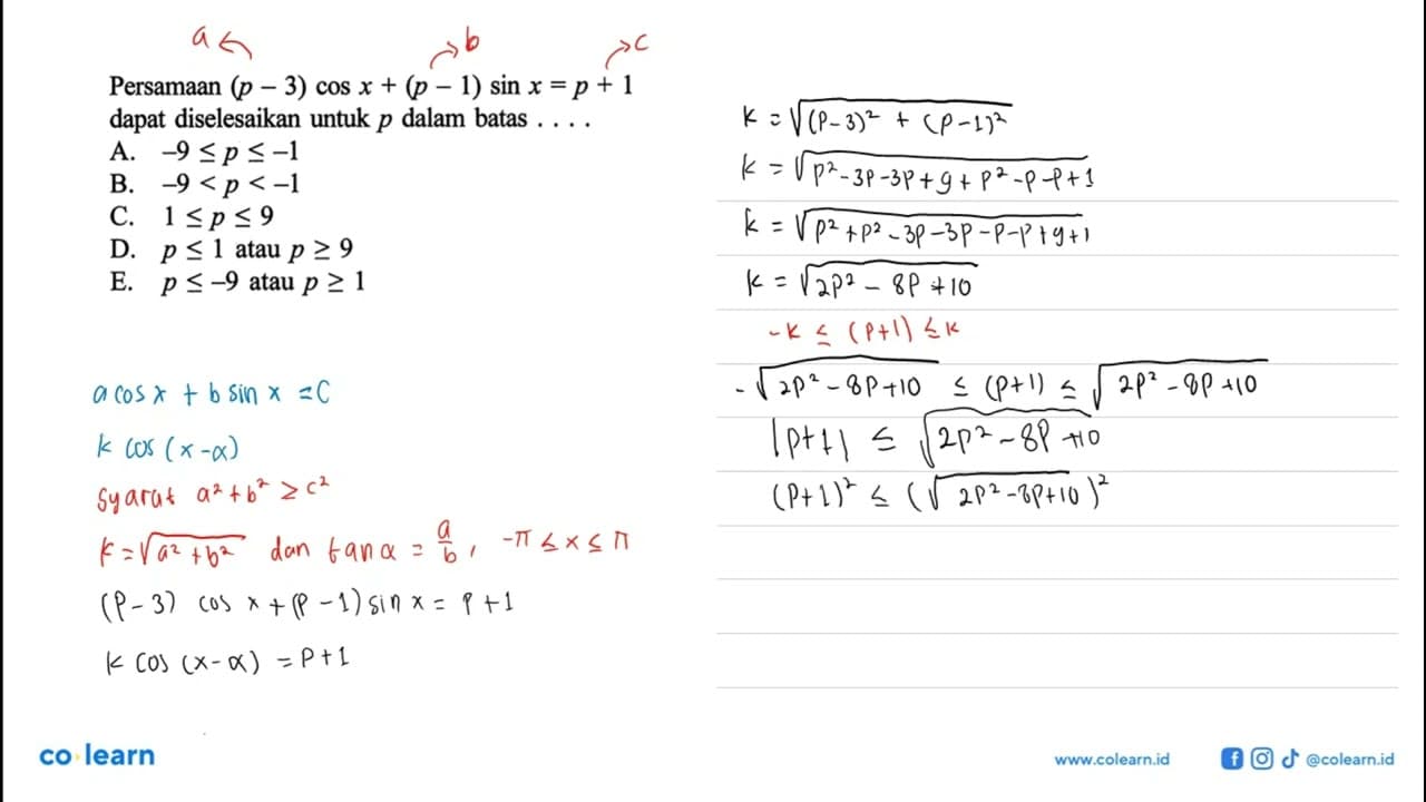 Persamaan (p-3) cos x + (p -1) sin x = p + 1 dapat