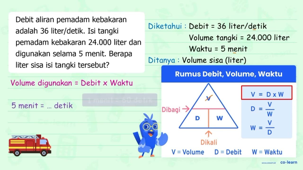 Debit aliran pemadam kebakaran adalah 36 liter/detik. Isi