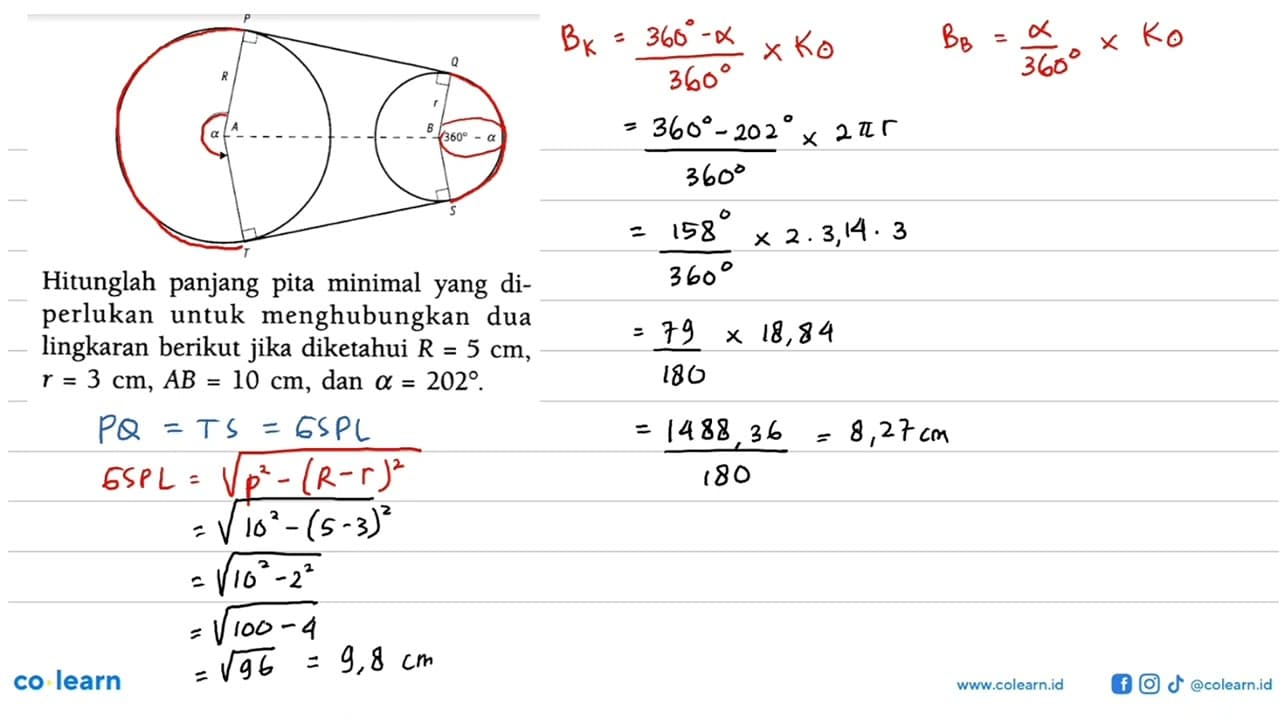 P Q R r alpha A B 360-alpha T SHitunglah panjang pita