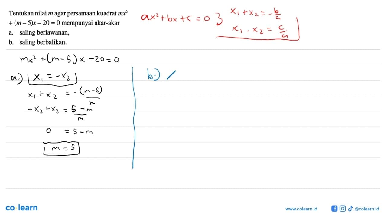 Tentukan nilai m agar persamaan kuadrat mx^2 + (m - 5)x -