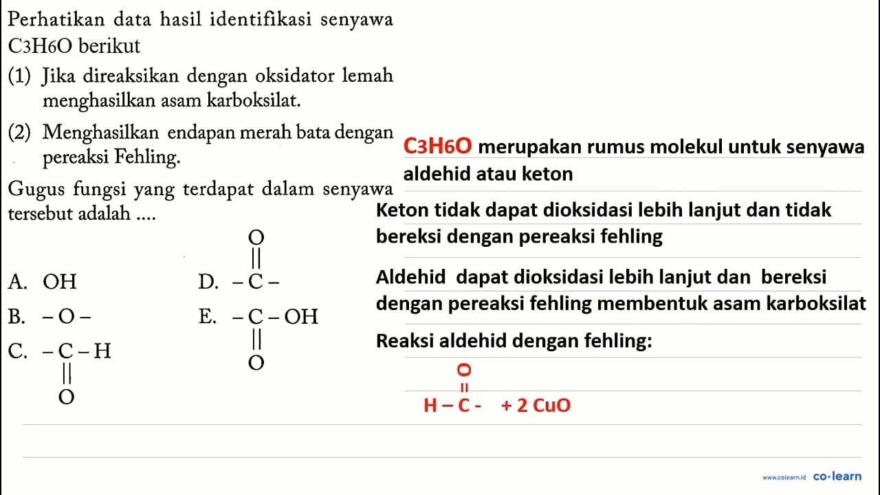 Perhatikan data hasil identifikasi senyawa C3H6O berikut!