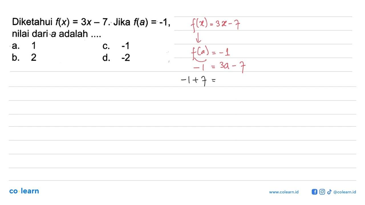 Diketahui f(x)=3x-7. Jika f(a)=-1, nilai dari a adalah....