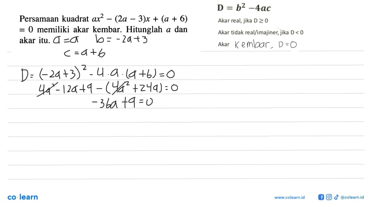 Persamaan kuadrat ax^2 - (2a - 3)x + (a + 6) = 0 memiliki