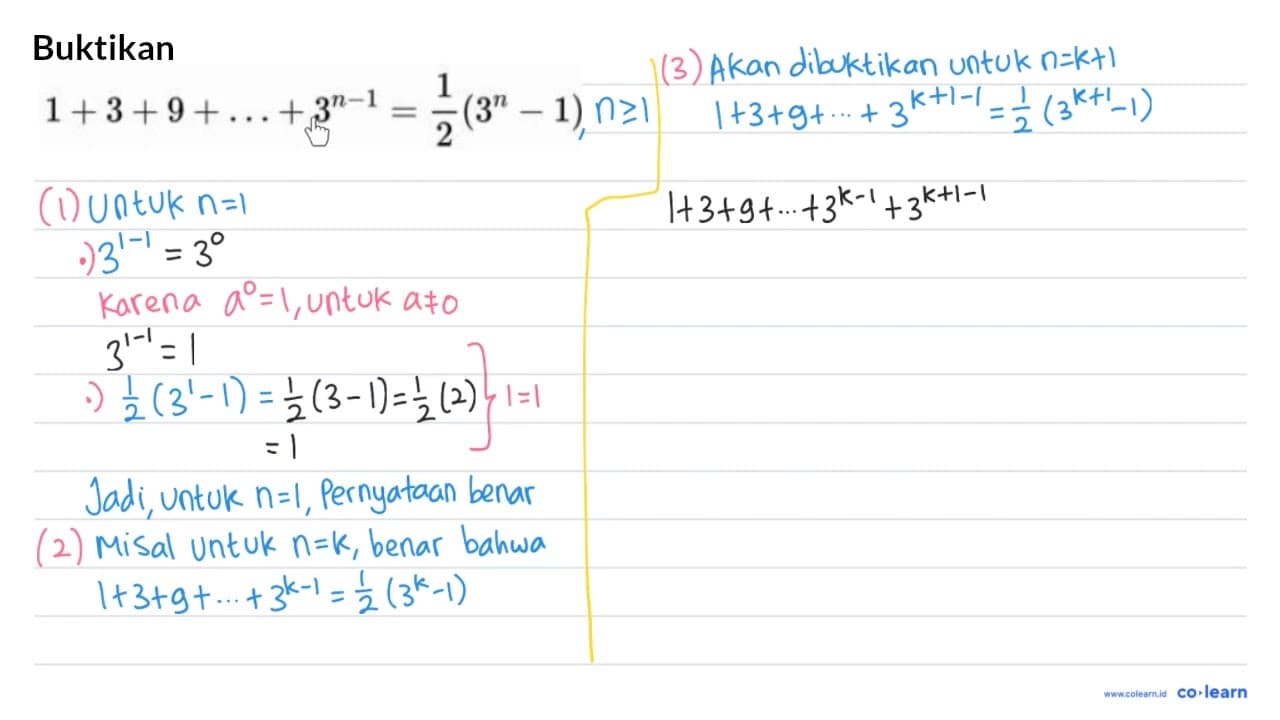 1+3+9+...+3^(n-1)=(1)/(2)(3^(n)-1)