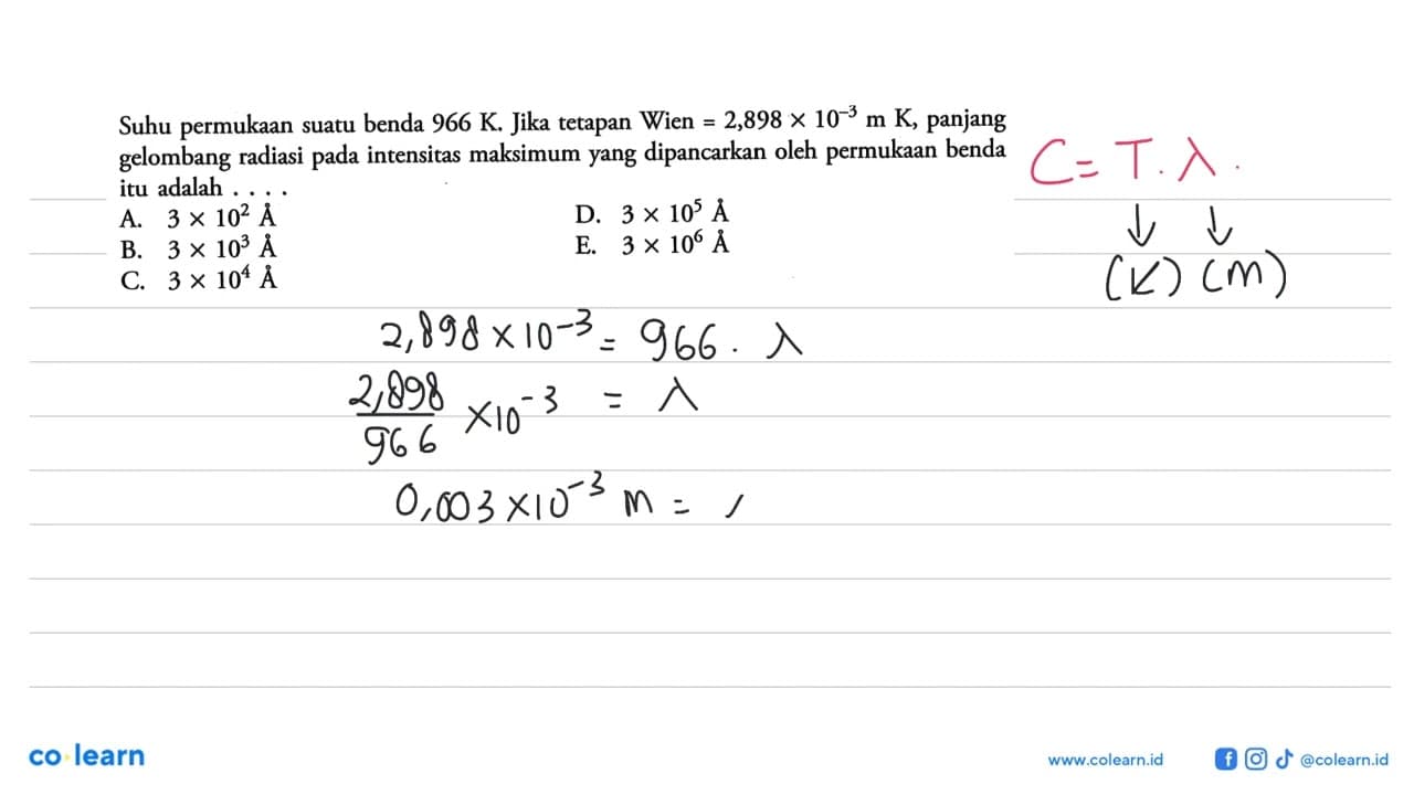 Suhu permukaan suatu benda 966 K . Jika tetapan Wien =2,898