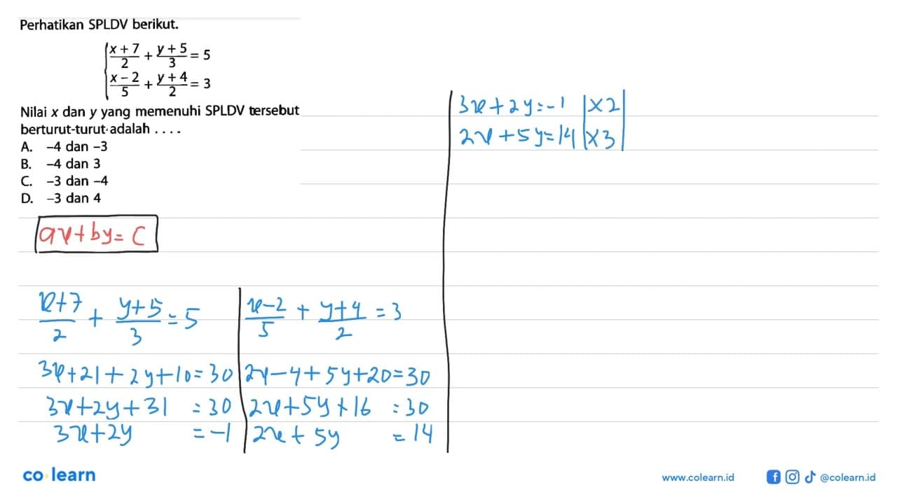 Perhatikan SPLDV berikut. (x + 7)/2 + (y + 5)/3 = 5 (x -