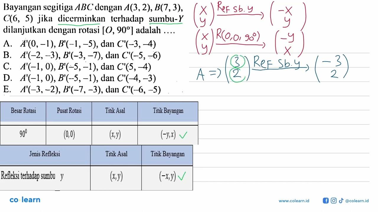 Bayangan segitiga ABC dengan A(3,2), B(7, 3), C(6, 5) jika