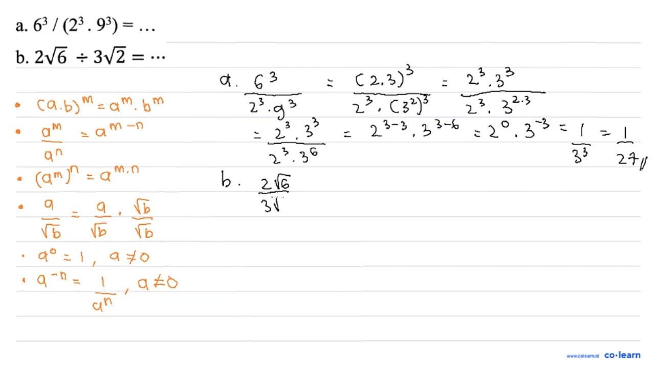 1. (6^(3))/((2^(3) . 9^(3)))=.. 2. (2 akar(6))/(3