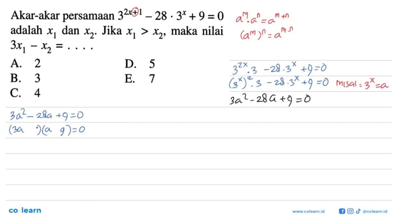 Akar-akar persamaan 3^(2x+1)-28,3^x+9=0 adalah x1 dan x2.