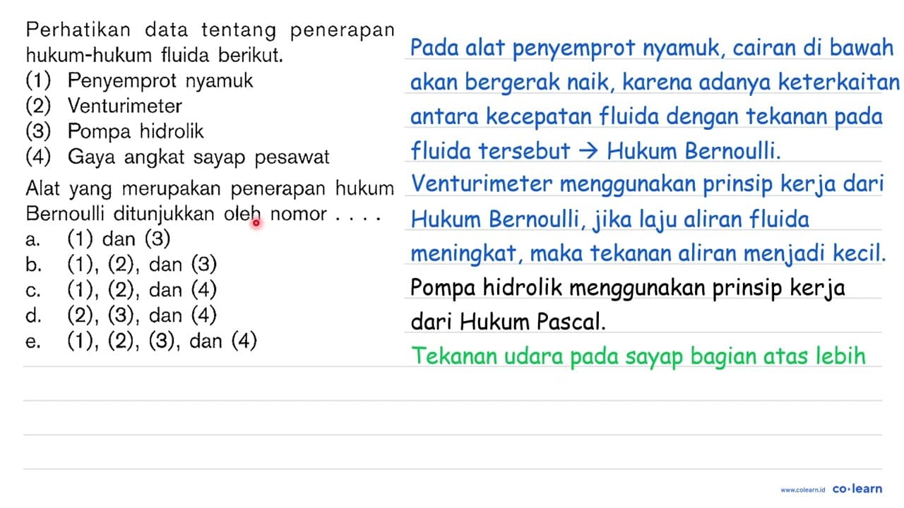 Perhatikan data tentang penerapan hukum-hukum fluida