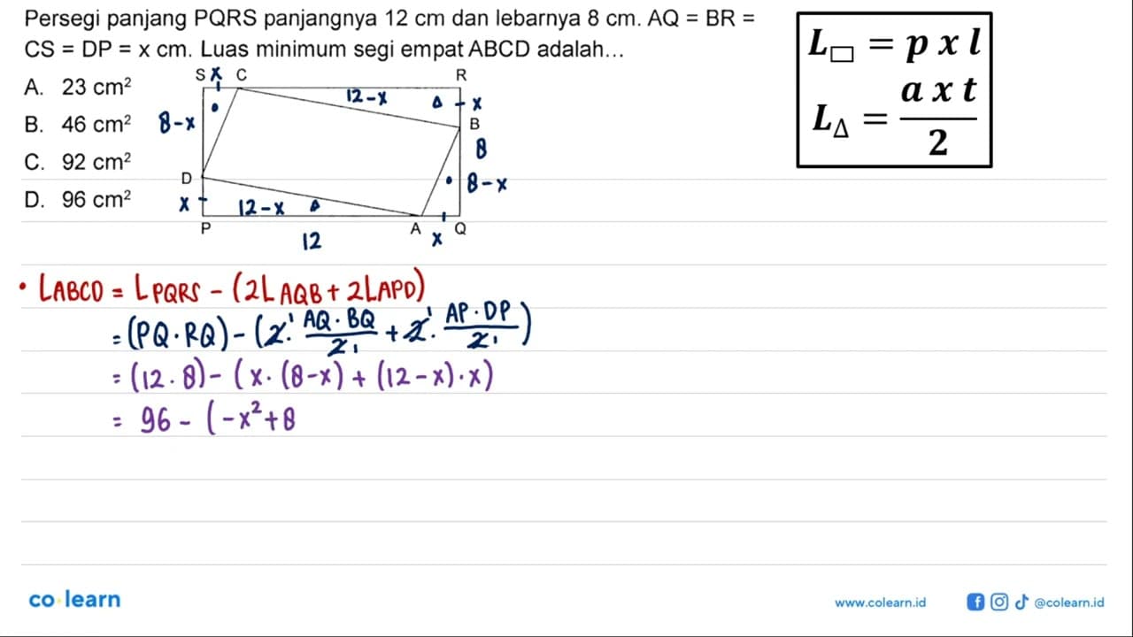 Persegi panjang PQRS panjangnya 12 cm dan lebarnya 8 cm. AQ