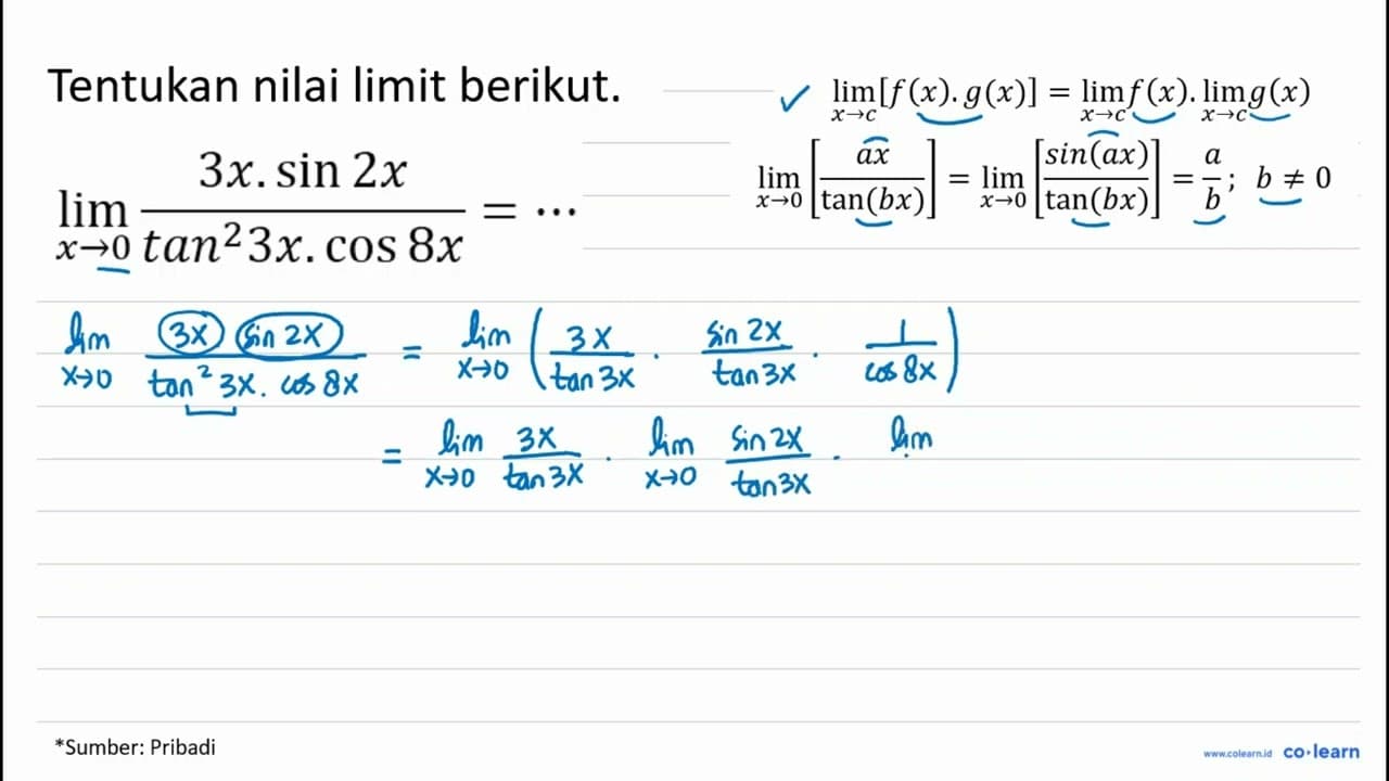 lim _(x -> 0) (3 x . sin 2 x)/(tan ^(2) 3 x . cos 8 x)=..