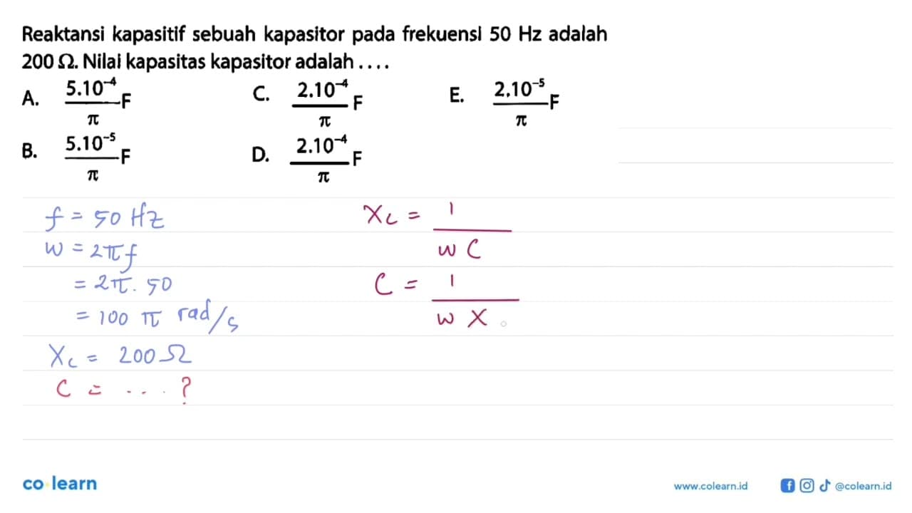 Reaktansi kapasitif sebuah kapasitor pada frekuensi 50 Hz