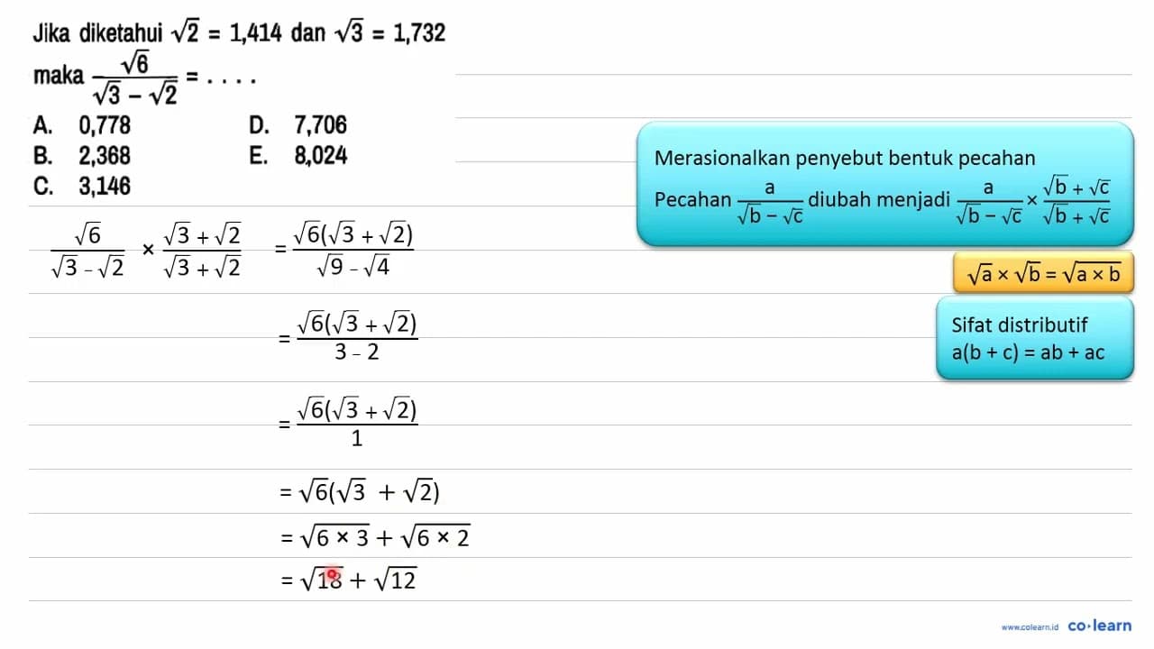 Jika diketahui akar(2)=1,414 dan akar(3)=1,732 maka