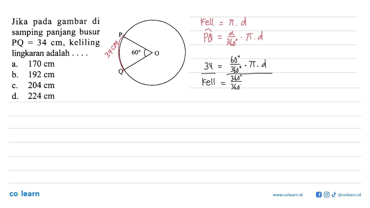 Jika pada gambar di samping panjang busur PQ=34 cm,