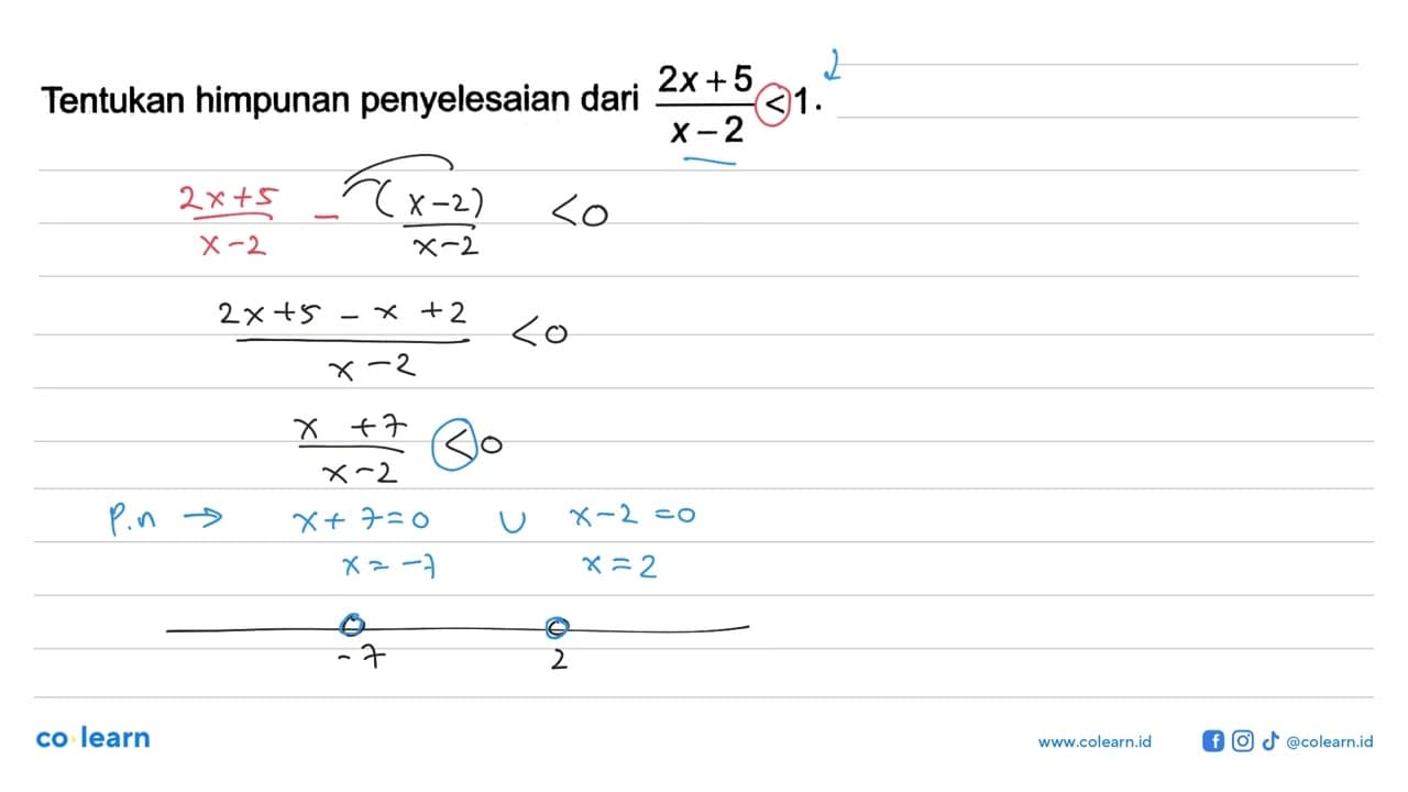 Tentukan himpunan penyelesaian dari (2x+5)/(x-2)<1.