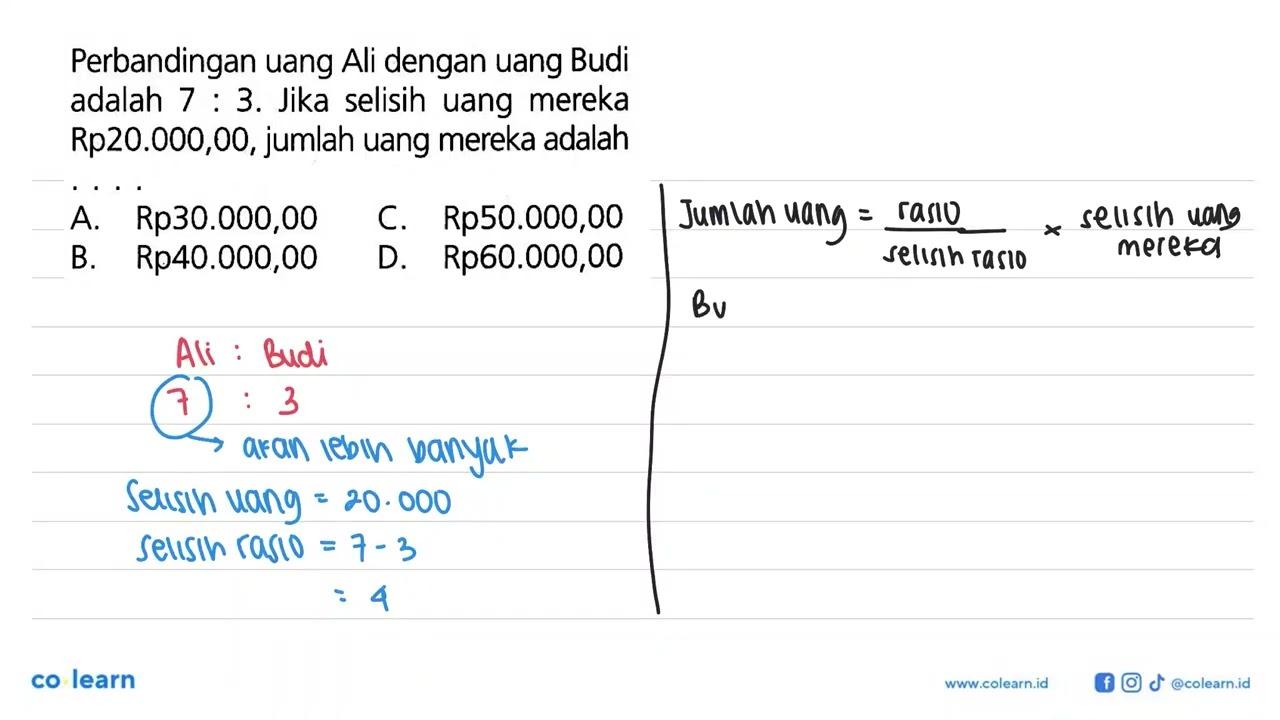 Perbandingan uang Ali dengan uang Budi adalah 7:3. Jika