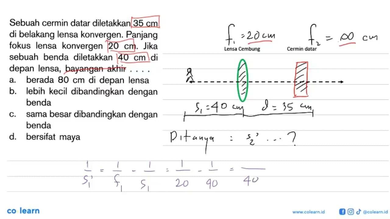 Sebuah cermin datar diletakkan 35 cm di belakang lensa