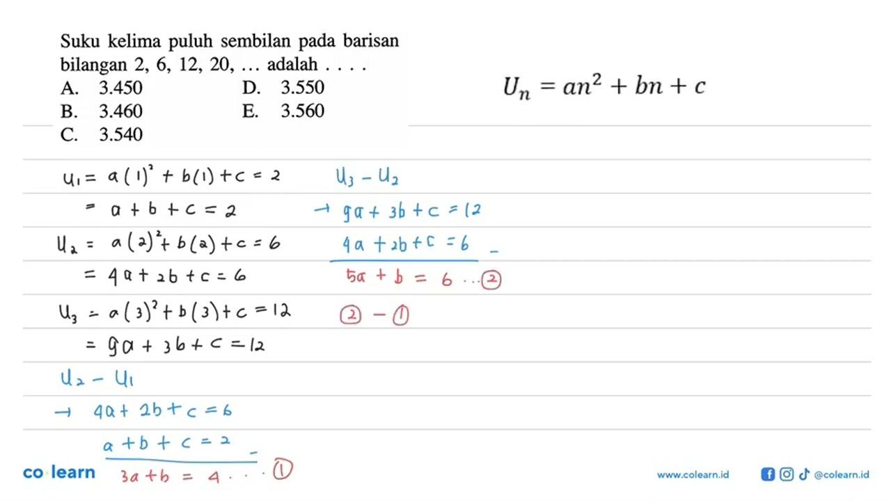 Suku kelima puluh sembilan pada barisan bilangan 2,6,12,20,