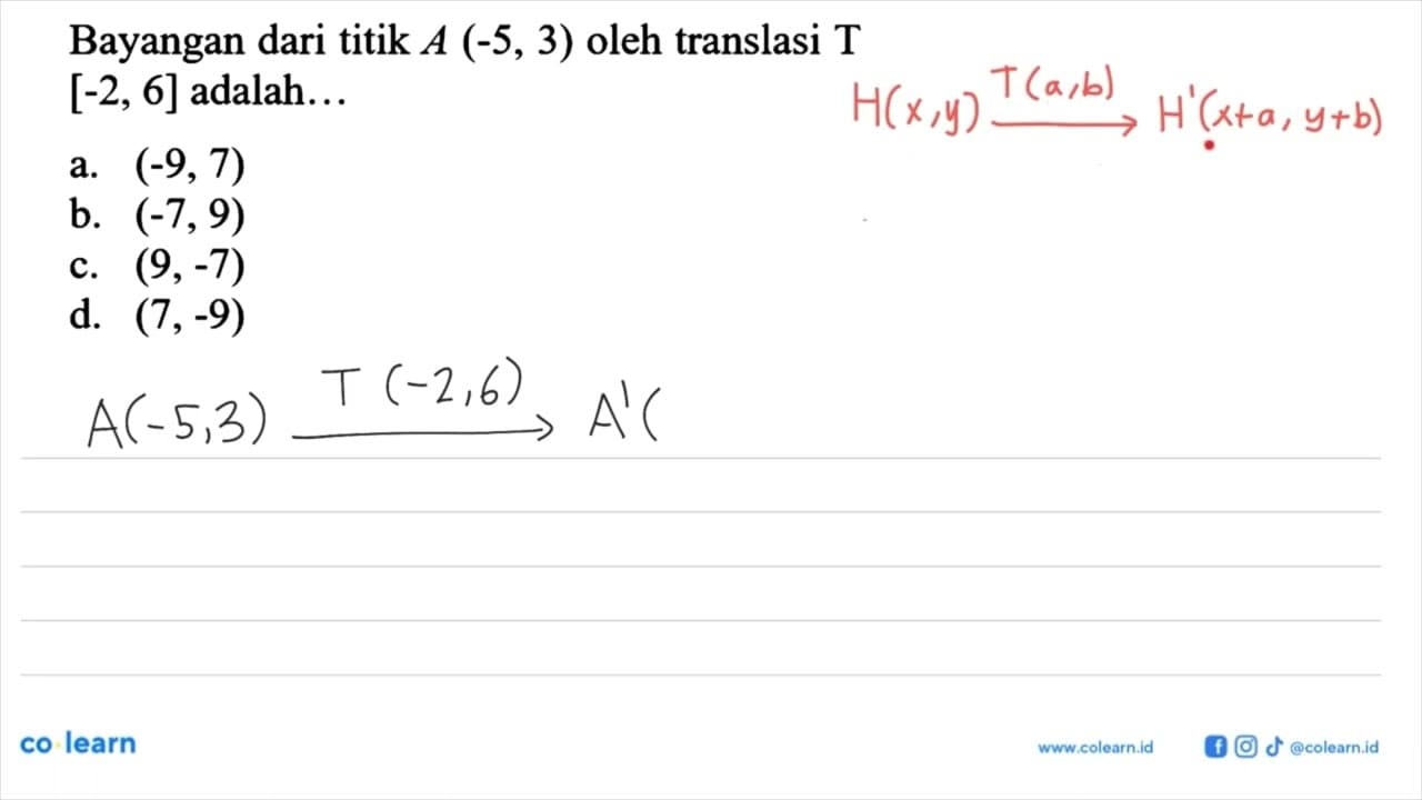 Bayangan dari titik A(-5,3) oleh translasi T [-2,6]