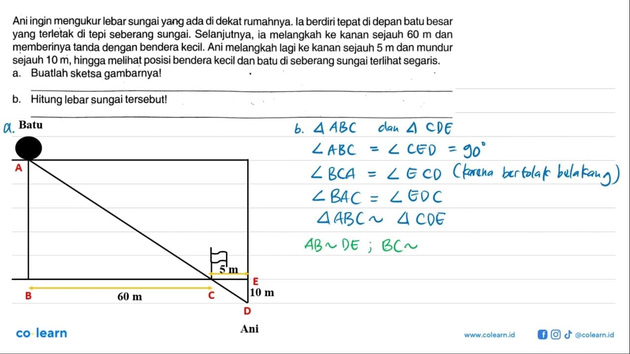 Ani ingin mengukur lebar sungai yang ada di dekat rumahnya.