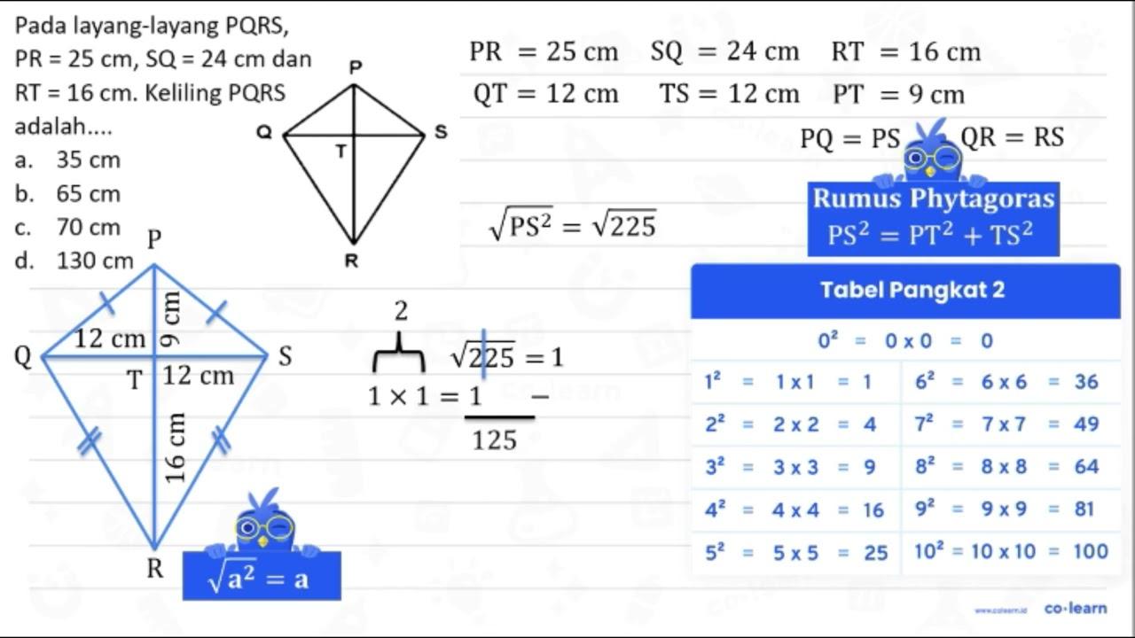 Pada layang-layang PQRS, P R=25 cm, SQ=24 cm dan R T=16 cm