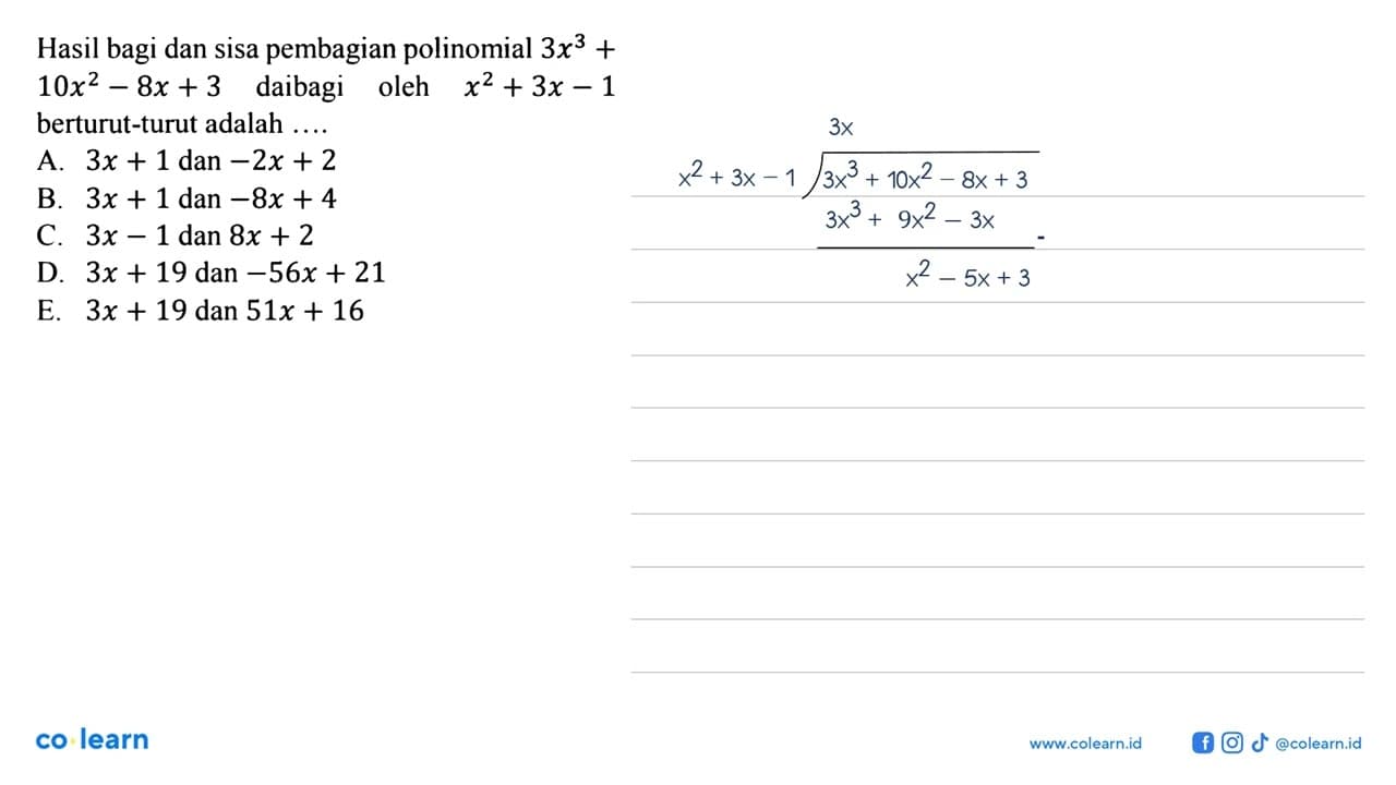 Hasil bagi dan sisa pembagian polinomial 3x^3+10x^2-8x+3