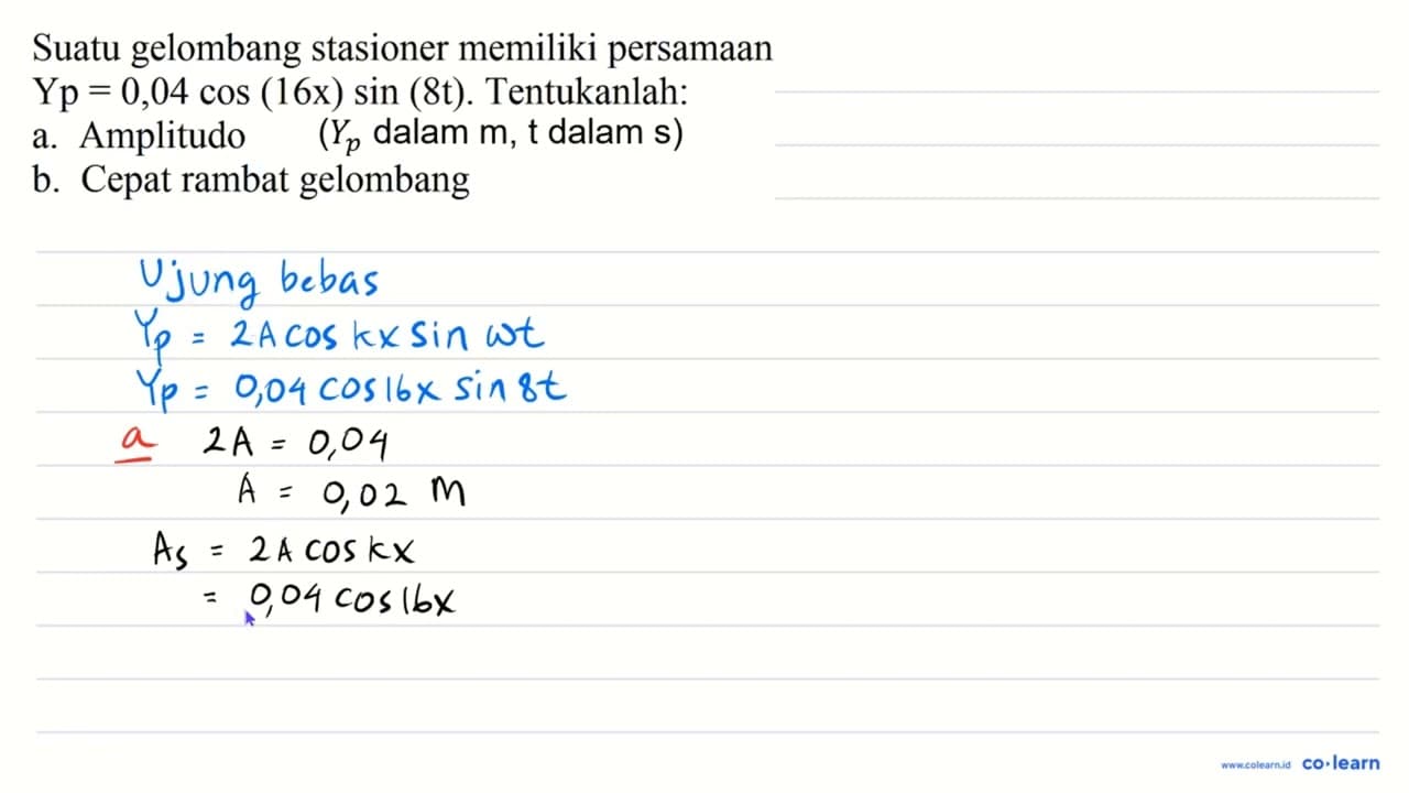 Suatu gelombang stasioner memiliki persamaan Yp=0,04 cos