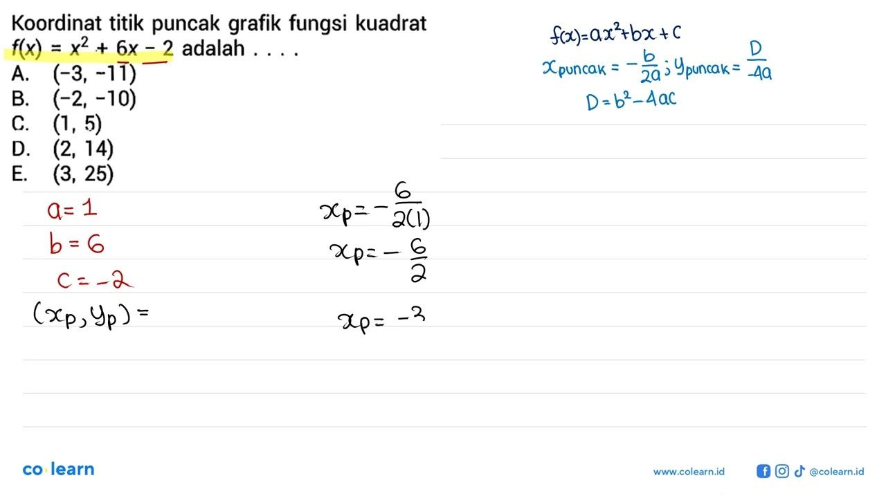 Koordinat titik puncak grafik fungsi kuadrat f(x)=x^2+6x-2