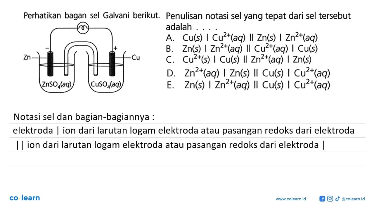 Perhatikan bagan sel Galvani berikut. Penulisan notasi sel