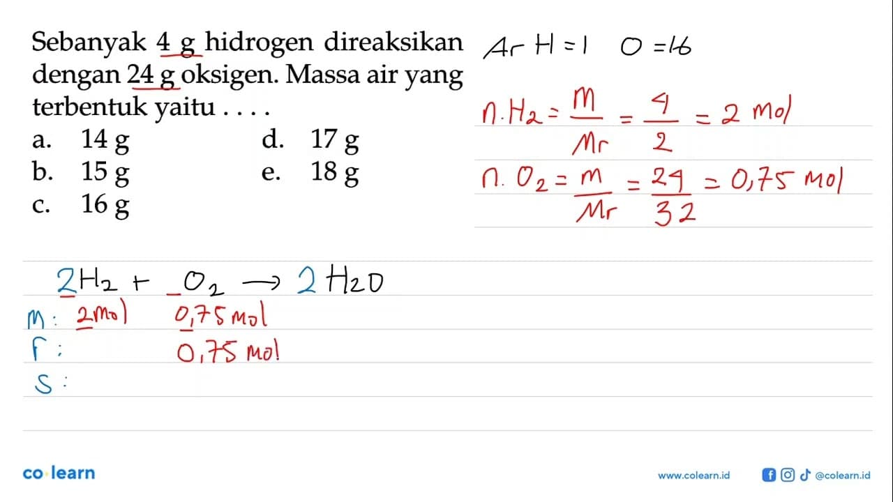 Sebanyak 4 g hidrogen direaksikan dengan 24 g oksigen.