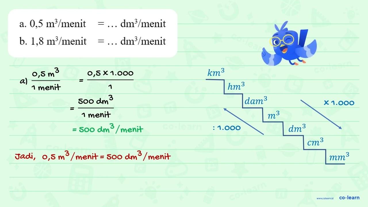 0,5 m^3/menit = ... dm^3 /menit b. 1,8 m^3 /menit = ...