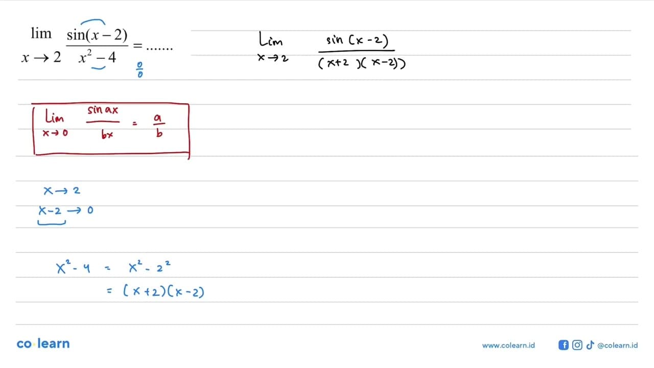 lim x->2 (sin(x-2))/(x^2-4) = .......