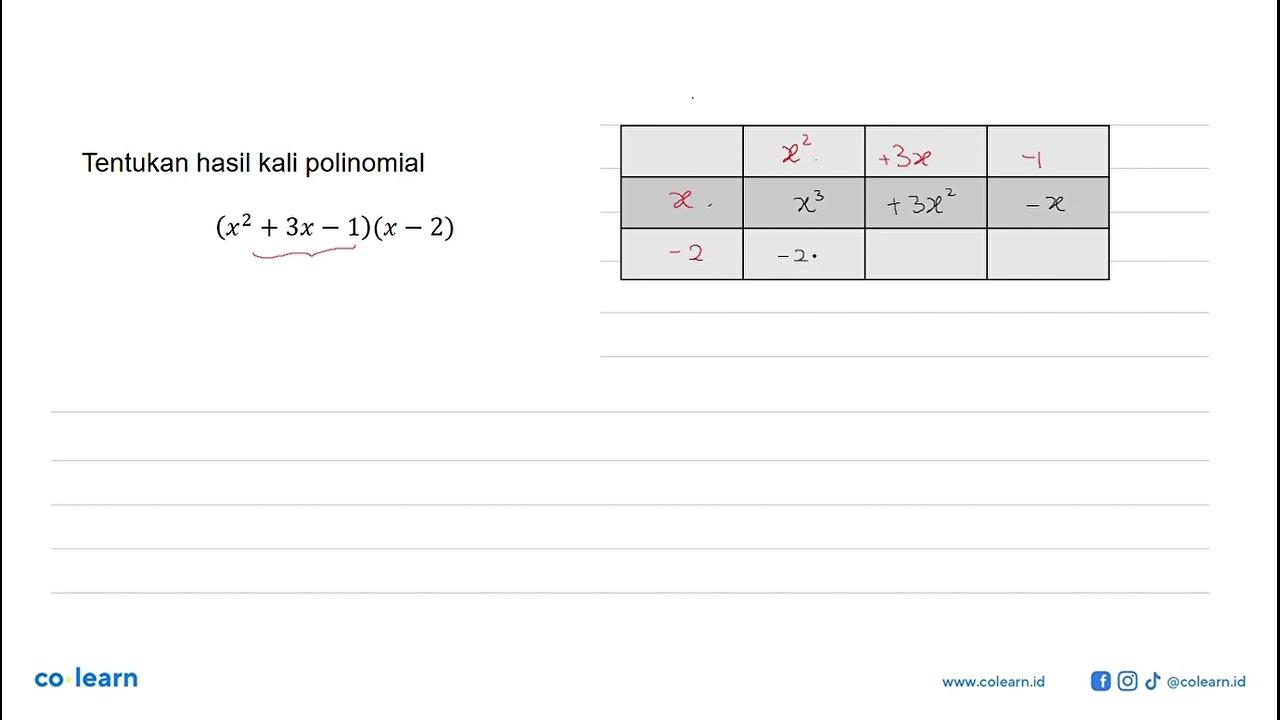 Tentukan hasil kali polinomial (x^2+3x-1)(x-2)