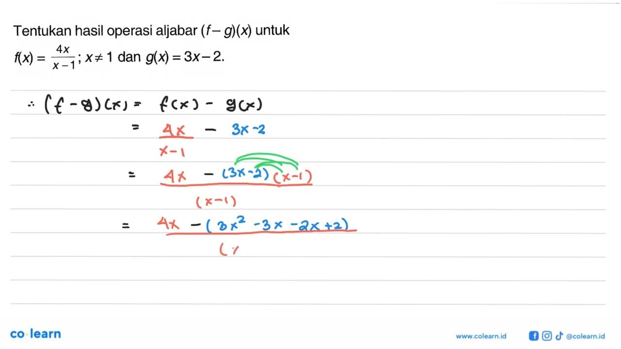 Tentukan hasil operasi aljabar (f-g)(x) untuk f(x) =