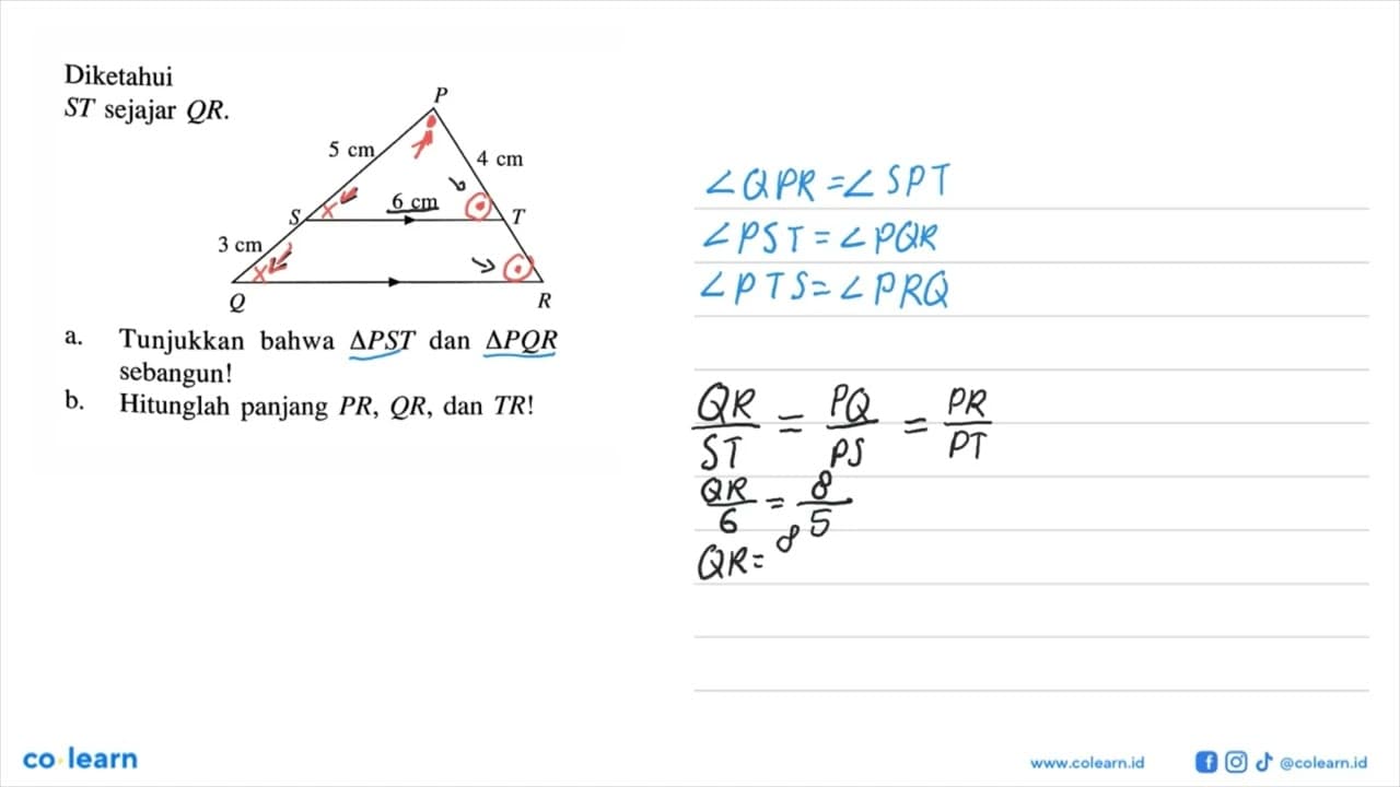 DiketahuiST sejajar QR. P 5 cm 4 cm 6 cm S T 3 cm Q Ra.