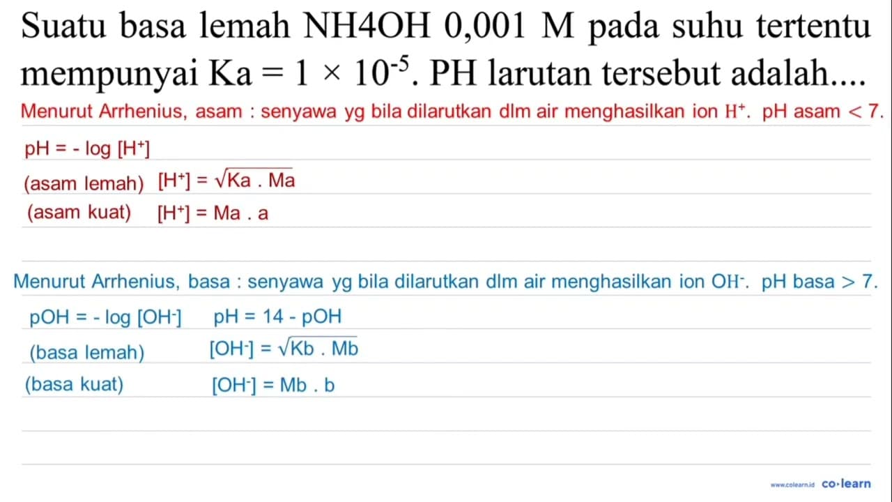 Suatu basa lemah NH4OH 0,001 M pada suhu tertentu mempunyai