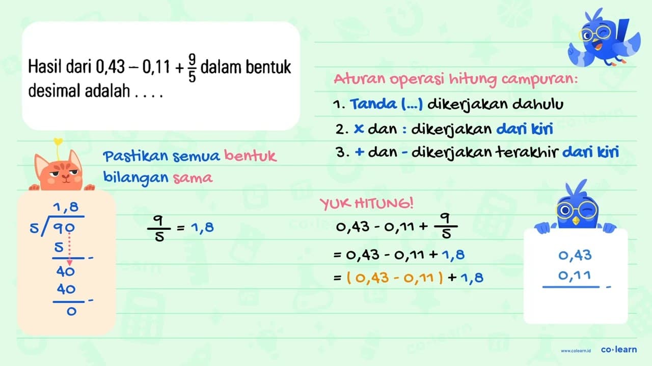 Hasil dari 0,43 - 0,11 + 9/5 dalam bentuk desimal adalah