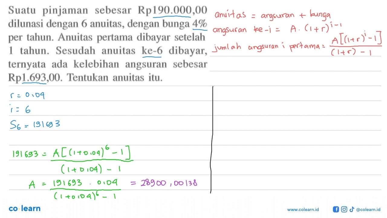 Suatu pinjaman sebesar Rp190.000,00 dilunasi dengan 6